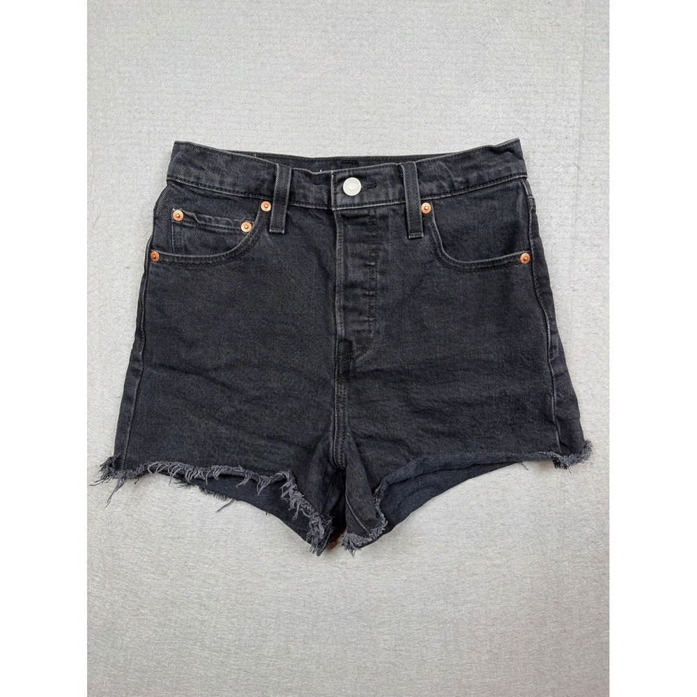 Levis Premium Ribcage Button Fly Shorts Black High Rise Frayed Hem Size 26